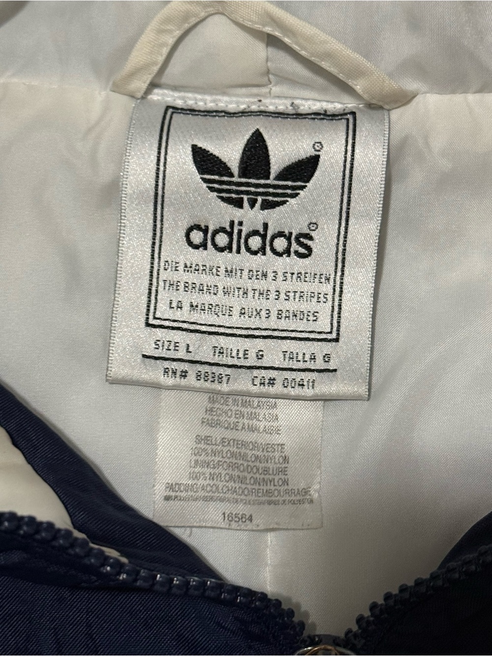Vintage Adidas Windbreaker Jacket L Navy Trefoil Embroidered 3 Stripe Hooded - Picture 6 of 11